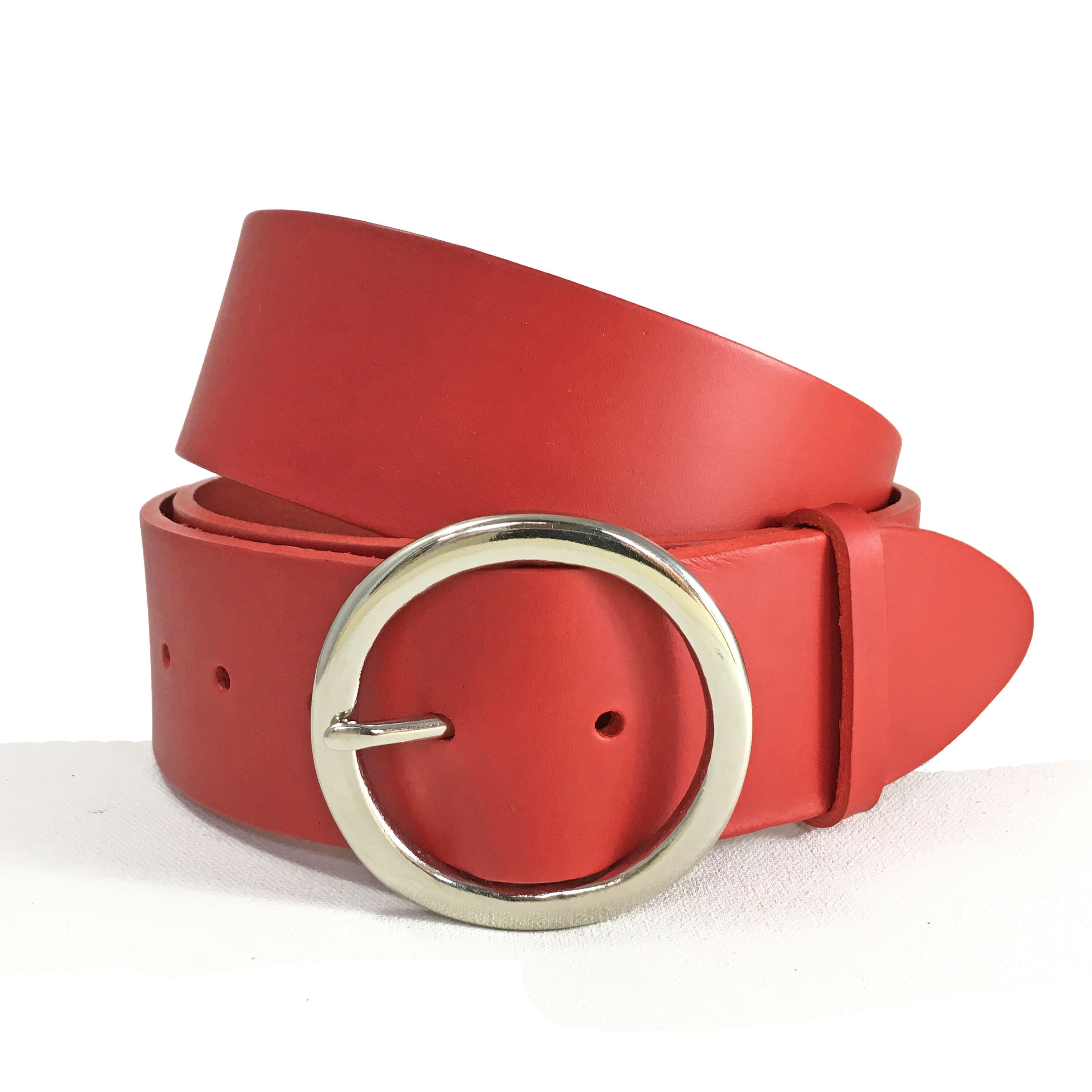 2 Wide Red Leather Belt with Silver Round Buckle
