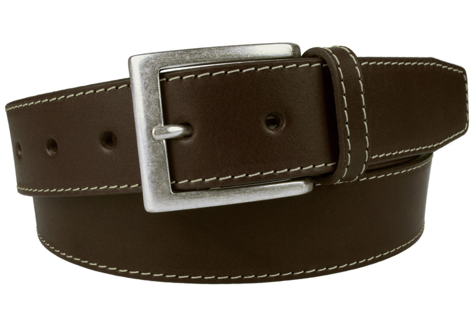 Brown Leather Belt With Contrasting Stitched Edge And Old Silver Plated