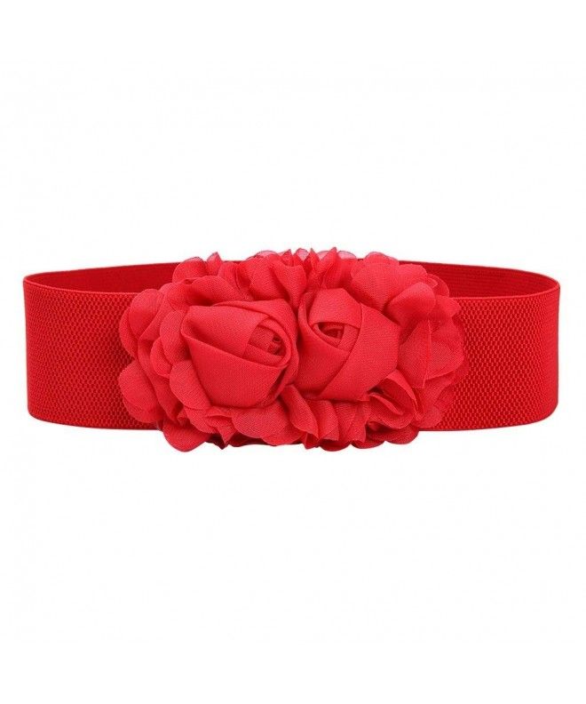 Womens Flower Bowknot Buckle Elastic Wide Waistband Belt - Red Rose