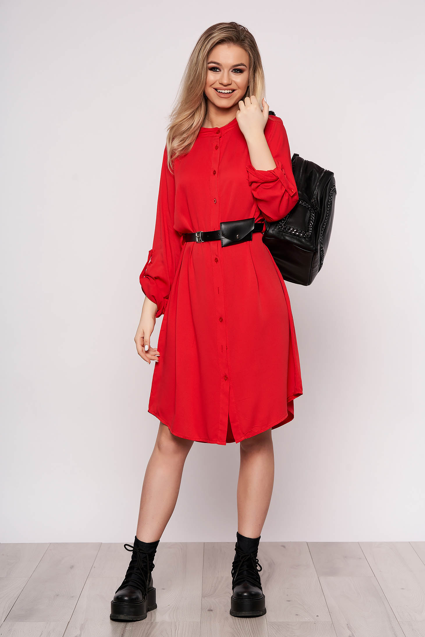 Red dress daily midi straight accessorized with belt faux leather belt