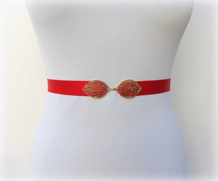 Women's red elastic Gold leaf waist dress belt | Etsy in 2020 | Belted