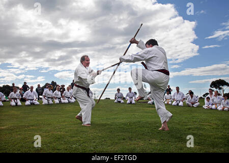 Seido karate students doing a demonstration in Nelson, New Zealand